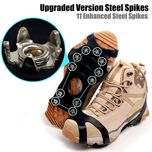 11 Spikes Crampons, Upgraded Version Stainless Steel Anti-Slip Microspikes, Ice Cleats Grips for Hiking Shoes and Boots, Hiking Fishing Walking Mountaineering (Black, Medium:Men(7-10)/EU:40-44)