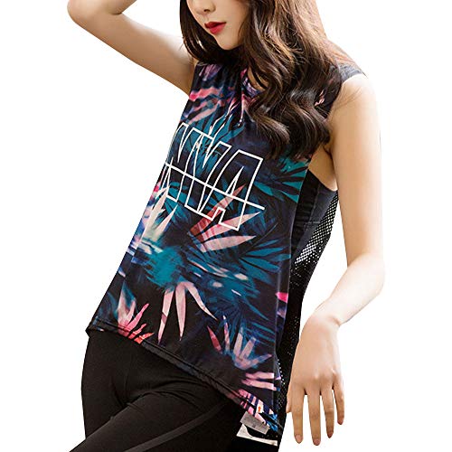 EVEDESIGN Women's Casual Workout Yoga Tank Top Letter Floral Printed Loose Fit Racerback Fashion Sexy Quick Dry Gym Sport Fitness Sleeveless Shirts Mesh Vest Blue