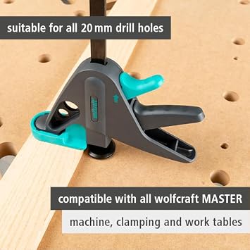wolfcraft Work Table Clamp PRO 65-150-W for 20 mm Bore Holes - 120 mm Clamping Width, 90 kg Pressure, Rubberised V-Groove Jaws, Made in Europe - 3036000