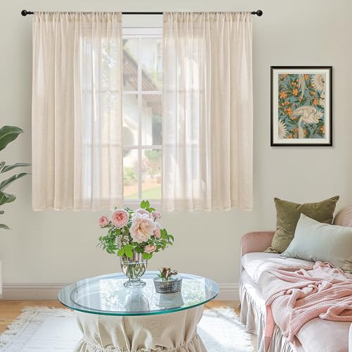 Image of BGment Tan Linen Curtains 45 Inch Length 2 Panels, Burlap Semi Sheer Drapes | Light Filtering with Rod Pocket for Living Room Bathroom Window Decor Rustic Natural Lightweight, 2 Panels, 42 X 45 Inch