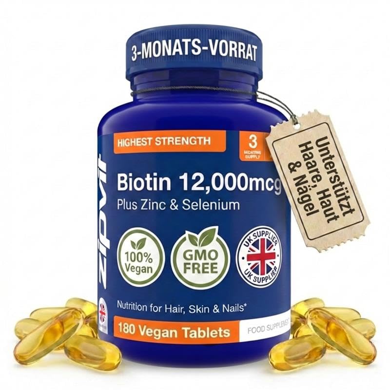 Zipvit Biotin Hair Skin & Nails Complex with Zinc & Selenium 12000mcg, 180 Vegan Tablets, High Strength Biotin for Men and Women