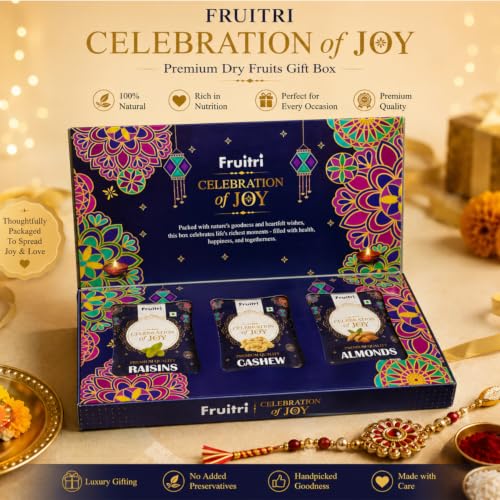 Image of Fruitri Premium Rakhi Gift Hamper for Brother with Almonds, Cashews & Raisins - 300g, 2 Rakhis, Roli Chawal & Greeting Card, Ready-to-Gift Raksha Bandhan Gift Box