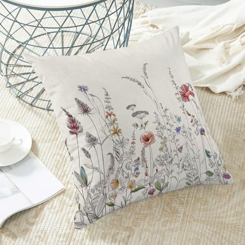 Image of AEIOAE Spring Pillow Covers 20x20 Inch Set of 2, Black Wild Flower Throw Pillows Case,Colorful Seasonal Floral Plant Outdoor Decorative Farmhouse Decor Cushion Covers for Home Sofa Bed Couch