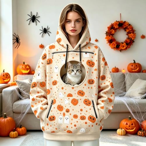 Cat Hoodie with Pouch Halloween Print Soft Pullover Tops with Zipper Pocket - image 2