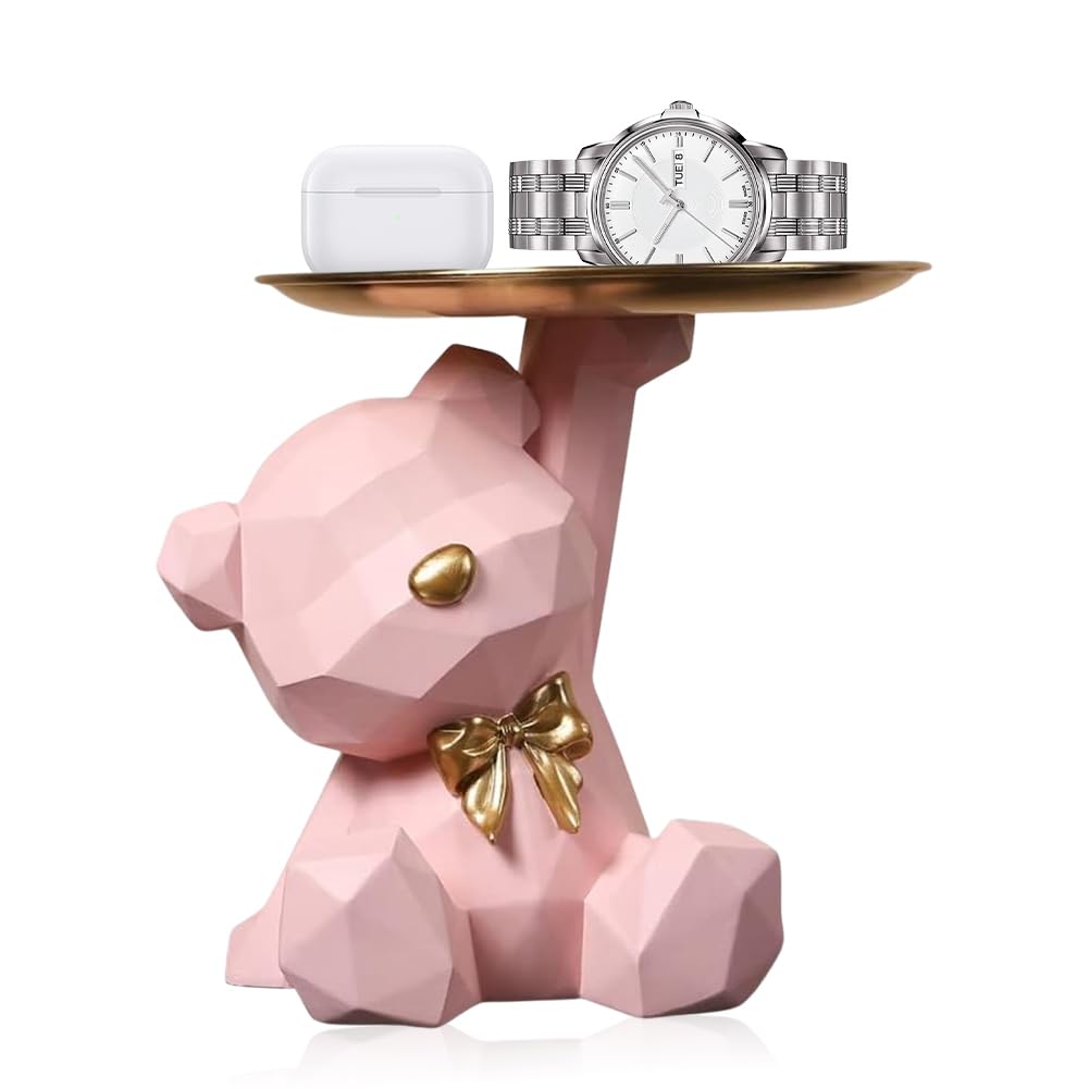 Statua di Orso con Vassoio, Statua Orso Geometrico, Svuotatasche da Ingresso Design, Sculture Moderne Design, Vassoio portaoggetti per soggiorno, ingresso, ufficio, decorazione da scrivania, Rosa
