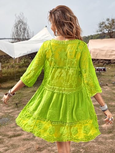 Image of Eomenie Women's Contrast Lace Bathing Suit Cover Up V-Neck Swimsuit Coverups Loose Swimwear Beach Dress Beachwear