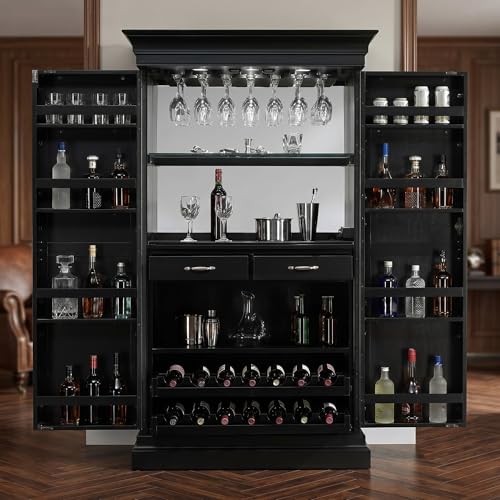 Image of APRODZ Solid Mango Wood Bar Cabinet for Home and Bar | Nucla Style Wooden Wine Storage Rack with Drawer, Glass Holder & Bottle Organizer Drink Wine Rack Organizer for Living Room,Black