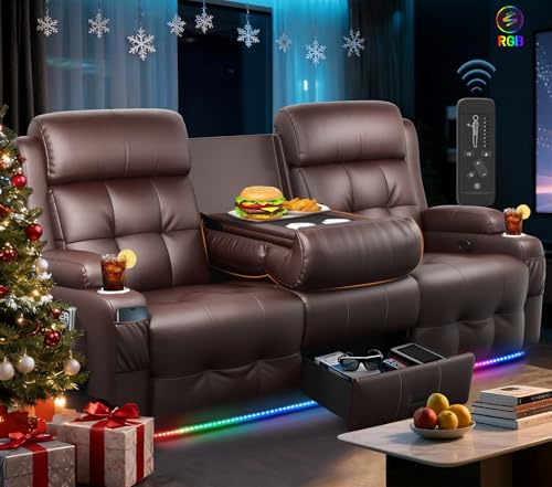 3-Seater Loveseat Recliner Sofa, Home Theater Seating Reclining Couch with Flip Middle Backrest, RV Wall Hugger Sleeper with LED Lights, Massage, Dawer & Cup Holders, 150° Recline for RV & Living Room