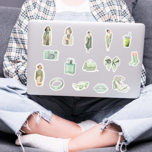 Image of Green Aesthetic Kawaii Girl Vinyl Stickers Pack of 35 | Waterproof Sage Green Matcha Theme Cute Fashion Decals for Laptop, Water Bottle, Journal, Scrapbook, Phone Case | Self-Adhesive Sticker Pack