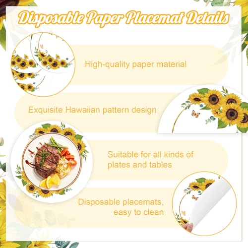 Sets de table ronds jetables papier jaune tournesol 34 cm pour table de dîner - 4