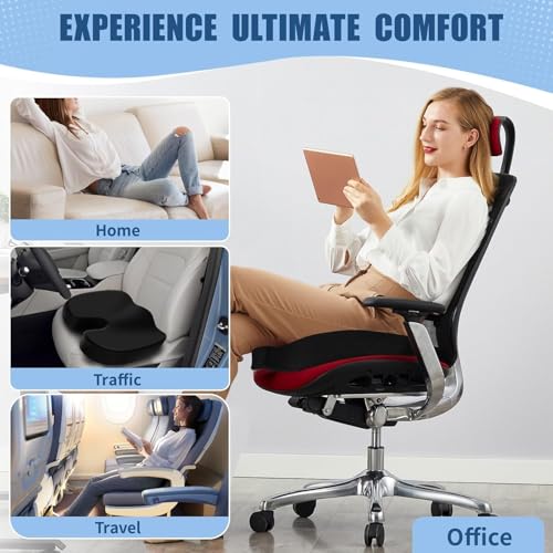 Image of Seat Cushion for Office Chair Memory Foam Non-Slip Cushion Back, Relief Chair Pad, Butt Pillow for Office Chair, Car, Computer Desk (Black, SEAT CUSION)