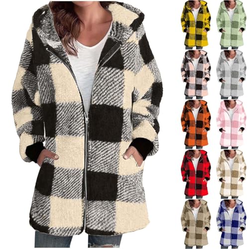 Sherpa Jacket Women Flannel Plaid Hooded Shacket Thick Coat Zip Up Warm Fuzzy Fleece Jacket with Pockets 2025