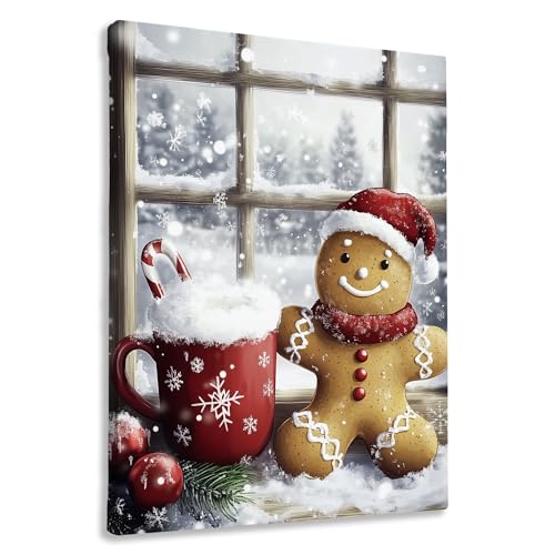 FTKBGHY Christmas Gingerbread Canvas Wall Art Framed, Christmas Coffee Bar