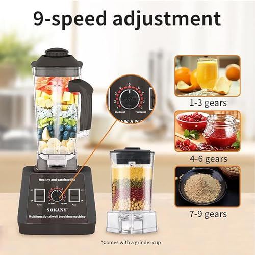 SOKANY 5000W Frullatore Elettrico, 9 Velocità + Funzione Pulsazioni, 2 e 1 frullatore multifunzione, 2,5L Frullati e Smoothie/Macinacaffe, Lame in Acciaio Inox, Senza BPA - immagine 5