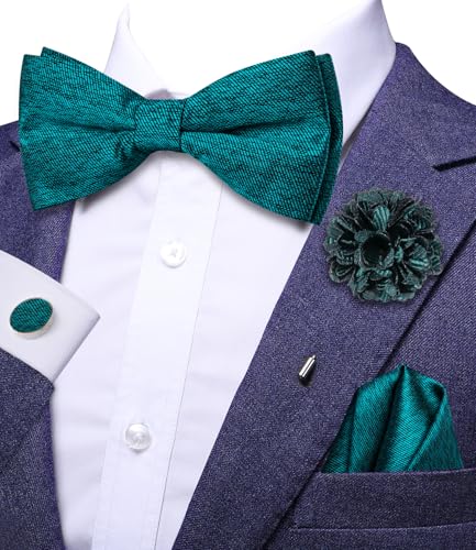 Image of Hi-Tie 5Pcs Mens Solid Color Silk Tie Satin Pretied Bowtie Lapel Pin for Men Handkerchief Cufflink Wedding Gift Box