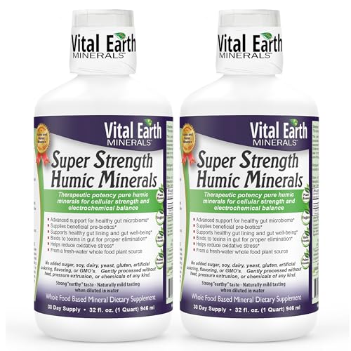 Vital Earth Minerals Super Strength Humic Minerals 2-Pack – Fulvic Acid Supplement with 70+ Trace Minerals, Electrolytes for Detox & Digestion, 32 Oz Ea + 1 Oz Cup