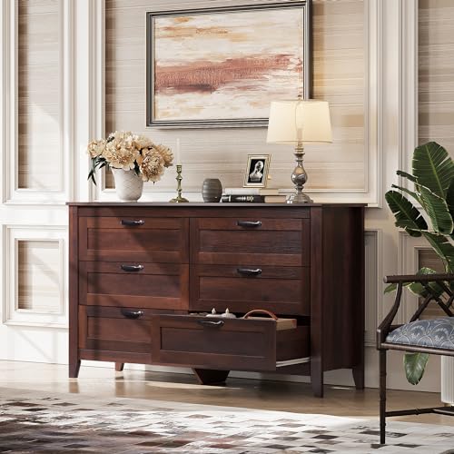WLIVE-6-Drawer-Dresser-Retro-Chest-of-Drawers-with-Metal-Handle-Double-Wood-Dresser-for-Bedroom-Living-Room-Large-Storage-Cabinet-Brown WLIVE 6 Drawer Dresser Retro Chest of Drawers with Metal Handle Double Wood Dresser for Bedroom Living Room Large Storage Cabinet Brown