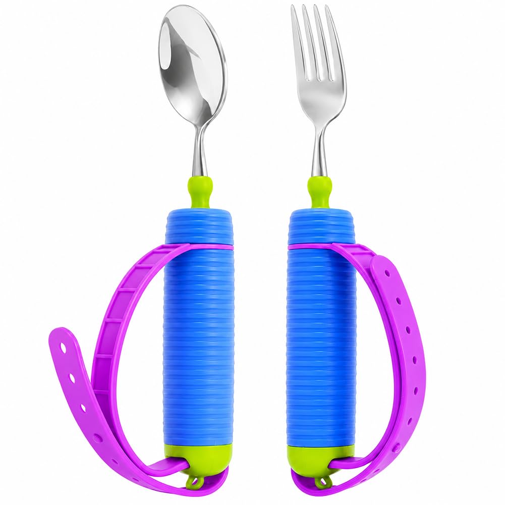 Juego De Cubiertos Adaptables Para Ancianos Y Discapacitados - Tenedor Y Cuchara Giratorios De 360° Con Correa De Silicona Ajustable Y Mango Antideslizante - Utensilios Con Peso
