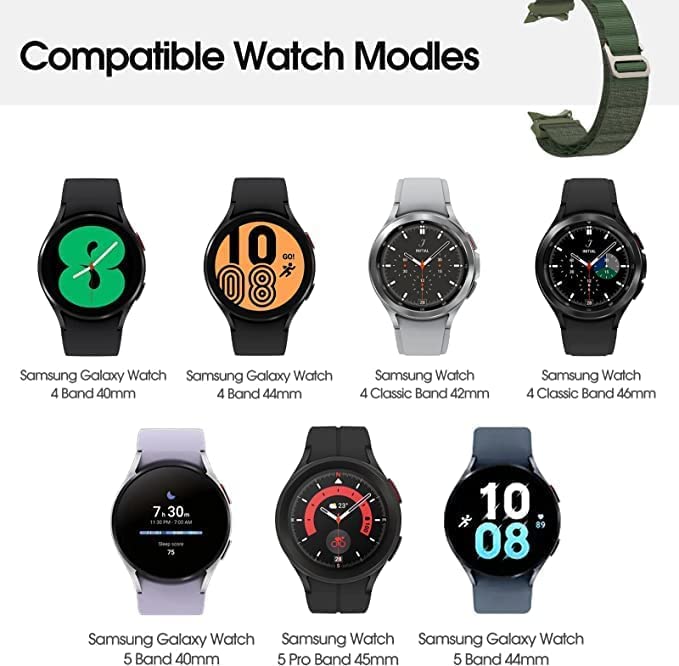 Image of FOLX FAG05 No Gap G-Hook Nylon Alpine Watch Bands Compatible for Samsung Galaxy Watch 4 Band & Galaxy Watch 5 Band 44mm 40mm /Watch 5 Pro Bands 45mm /Galaxy Watch 4 Classic Bands 46mm 42mm,20mm Sport Strap Wristbands for Men Women Unisex (ALPINE [ GREEN ])
