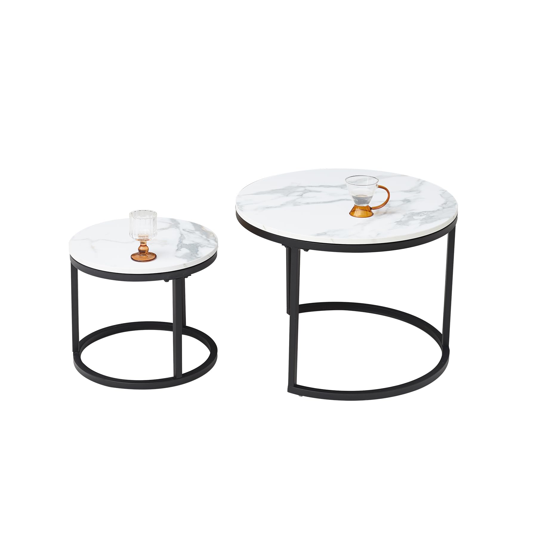 BenyLed Set van 2 uitschuifbare salontafels (mitatie marmer), woonkamertafel, rond, groot: 80 x 80 x 45 cm en klein: 60 x 60 x 35 cm (wit/goud