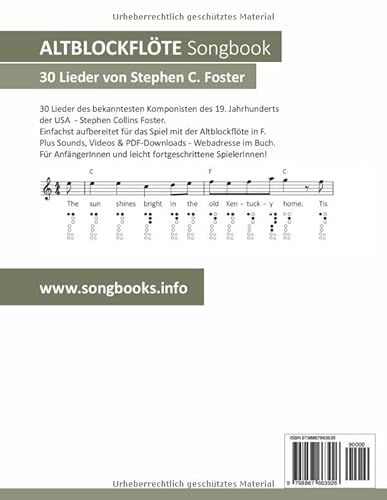 Altblockflöte Songbook - 30 Lieder von Stephen C. Foster für Altblockflöte in F: + Sounds online