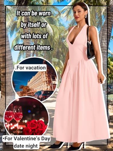 Image of ChiaoLezhee Deep V Neck Dress, Halter Maxi Dresses, Vacation Date Night, Sexy for Women Corset Flowy Wedding Guest Drop Waist