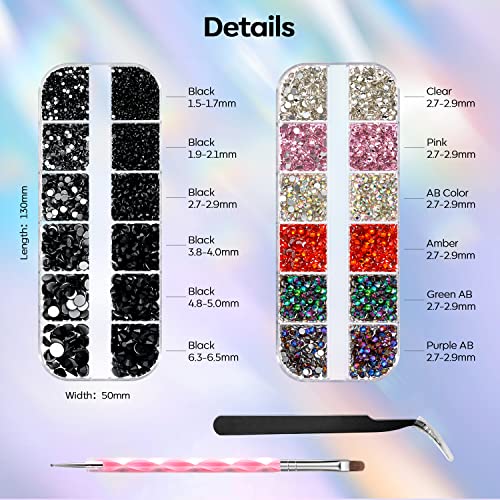 Modelones 5440Pcs Black Glass Rhinestones Kit With Picking Tweezers, 6 Sizes(1.5-6.5 Mm) Flatback Crystal Gems Mixed Black Red Iridescent Purple Green Rhinestone For Crafts Makeup Nail Art Decorations #TOP6