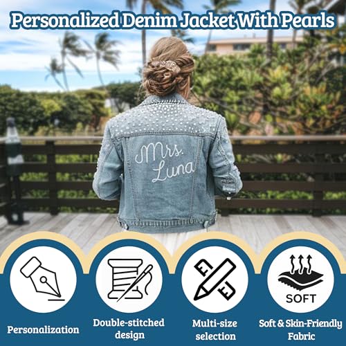 Custom Pearl Denim Jacket for Bride, Personalized Wedding Bridal with Name, Customized Wifey Jacket, Gift for Bride, Future Mrs4