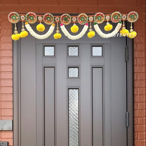 Image of Traditional Handmade Toran for Door, Thoranam Jasmin Flower, Mirror Work, Diwali Toran, Decoration for Festival, Embroidery Work (Round Ring Jasmin Toran)