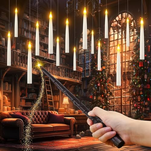 Sadodo Floating Candles with Magic Wand,Remote Flameless LED Taper Candles,Pack 12PCS Battery Operated, Flickering Warm Light, for Birthday Halloween Party Decorations,Home Yard Camping