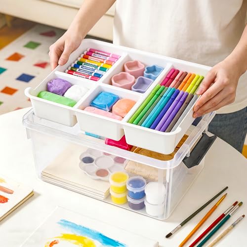 Image of 17 QT Clear Stackable Craft Storage with 1 Removable Fixed-Compartment Tray, Craft Organizers and Storage for Painting, Coloring Book & Playdoh Supplies, 2 Packs