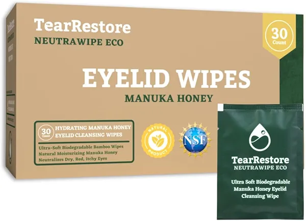 TearRestore NeutraWipe Eco Manuka Honey Eyelid Wipes | Ultra-Soft Biodegradable Eyelash Cleanser For Blepharitis & Dry, Itchy, Swollen, Irritated Eyes (30 Count)