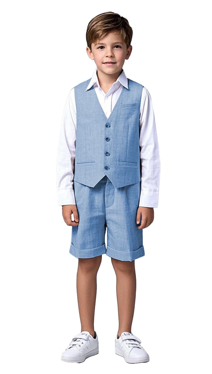 Traje de lino de 2 piezas para niños, chaleco y pantalones cortos, verano, playa, boda, esmoquin, traje formal para portador de anillos, azul celeste, 10 años