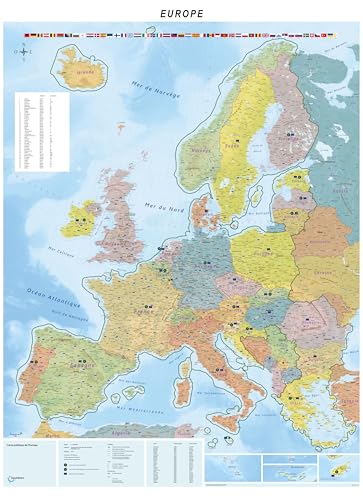 Grande carte de l'europe en français avec plastification sur les deux faces, inscriptible, 90 x 122,5 cm, avec espace Schengen