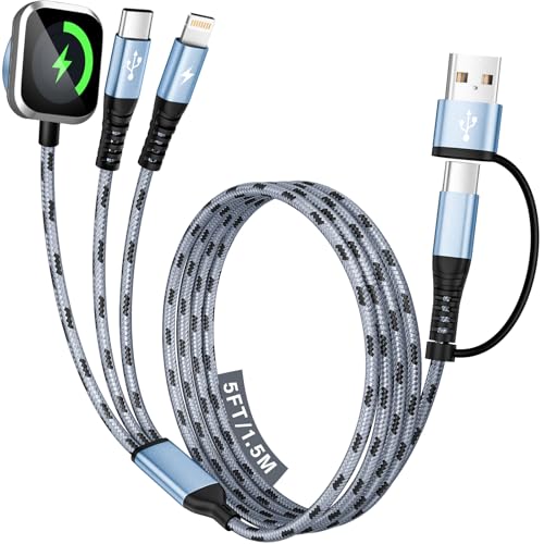 Image of Multi Charging Cable for iPhone iWatch Charger, 3 in 2 USB A /C Phone Charger Cord with Dual Type-C /IP, 5FT iWatch Cable Nylon Travel Essentials Compatible with iWatch /iPhone 17-1 /Android