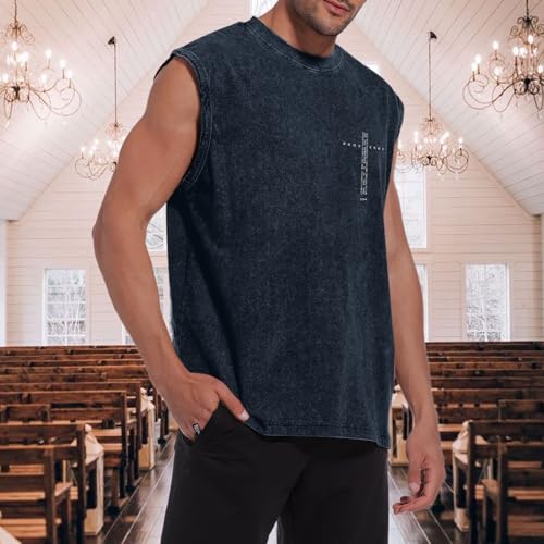 Image of Christian Gym Workout Tank Tops for Men Vintage Bible Verse Cross Graphic Sleeveless Muscle Shirts Acid Wash Tanks Top