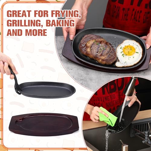 Maxdot 8 Pieces Cast Iron Fajita Skillet Pan Set Sizzling Steak Plate with Wooden Base and Handle Cast Iron Fajita Skillet Sizzling Plate for Home Restaurant Barbecue Holiday Party - Image 4