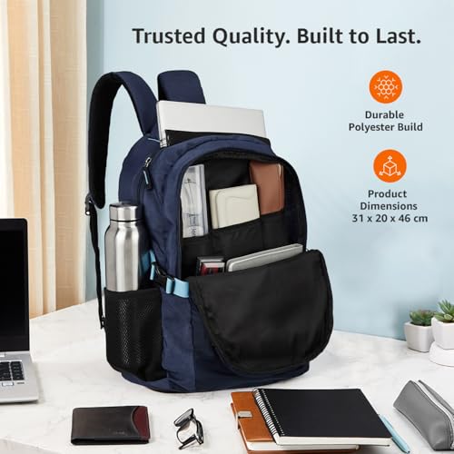 Image of Amazon Basics Casual 29L Backpack with Padded Laptop Sleeve | Backpack for Men & Women | Rain Cover Included | 3 Compartments | Travel Bag for Girls & Boys | (Blue)