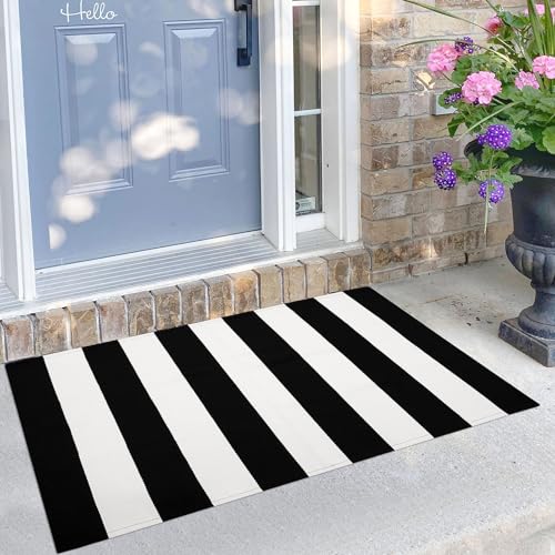 KILOCOCO Black and White Striped Rug 2.3x3.6 Indoor Outdoor Rugs Front Door Mat Hand Woven Cotton Washable Striped Layered Doormats for Front Porch/Kitchen/Farmhouse/Entryway/Patio