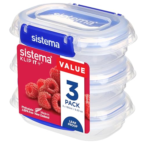 Sistema KLIP IT PLUS recipientes para guardar alimentos | 180 ml | Fiambrera para alimentos hermética, apilable, a prueba de fugas y apta para el frigorífico y el congelador | Sin BPA | 3 unidades