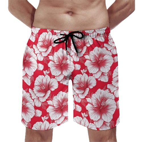 Hawaiian Shorts for Men - Comfy Tropical Red White Flowers Print Mens Swim Trunks Bathing Suits with Mesh Lining