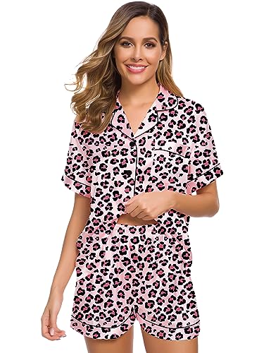 Image of SWOMOG Womens Silk Satin Pajamas Set Short Sleeve Sleepwear Button Down Top and Shorts Loungewear 2 Piece Pjs Set XS-3XL