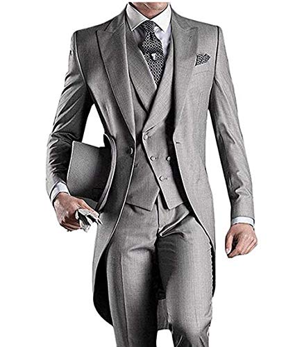 Men's Suits Regular Fit 3 Piece Formal One Buttown Prom Tuxedos Tail Coat Wedding Groomsmen(Blazer+Vest+Pants)(Silver Grey,40)