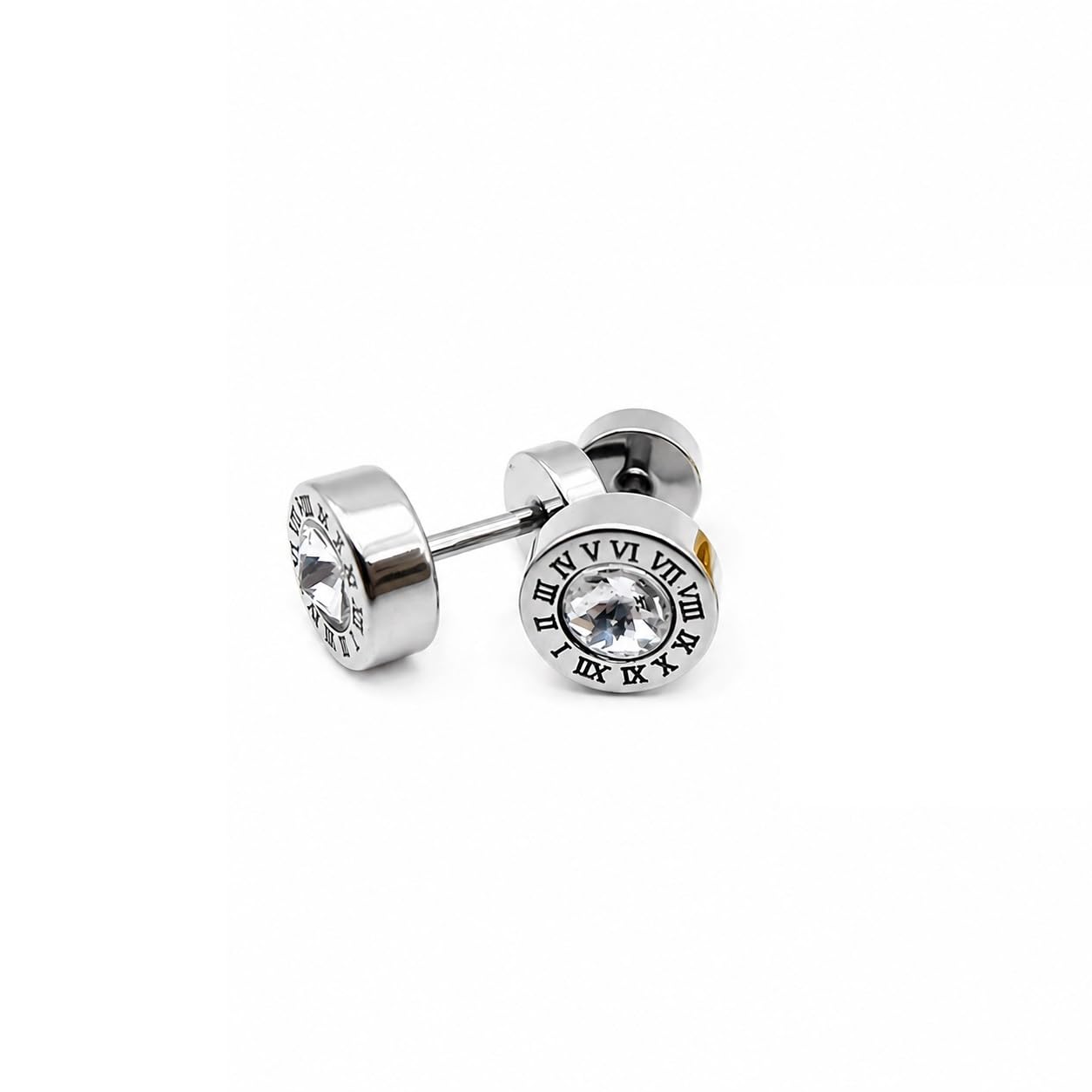 Silver Plated Roman Numeral Cubic Zirconia Crystal Stud Earrings For Men & Women-picture-10