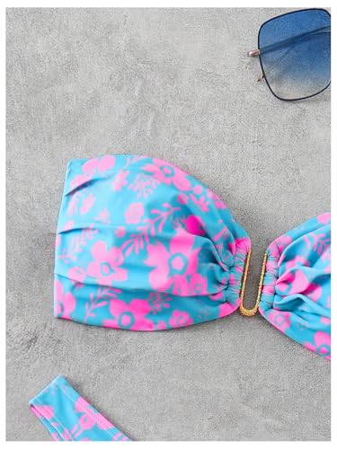 SHENHE Women's 2 Piece Strapless Swimsuit U Wire Floral Tie Back Ruched Bandeau Bikini with Thong Set3