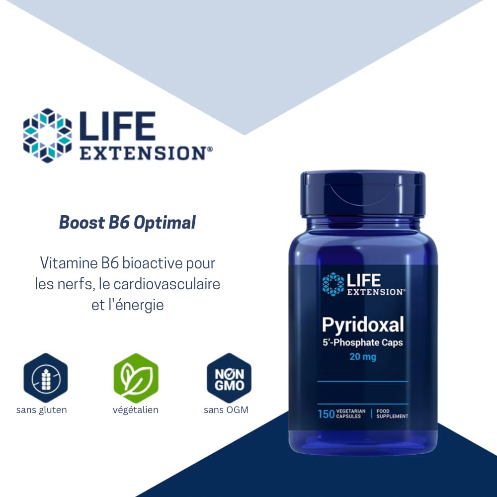 Life Extension - Pyridoxal 5'-Phosphate 20 mg, 150 Gélules Végétariennes – Soutient le Système Nerveux, le Métabolisme Énergétique, le Métabolisme du Glycogène et la Santé Cardiaque