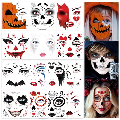 DPKOW 14 Stil Gesicht Tattoo Halloween Schminke Make Up Accessoires Halloween Kostüm Damen Männer Kinder Teufel Clown Joker Tattoos Skelett Totenkopf Tattoo Spinnen Fledermaus Vampir Gesichtstattoos