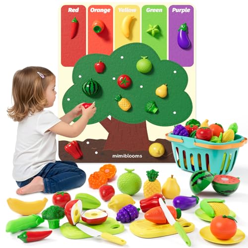 Mimiblooms Play Food Set with Cutting Fruits&Felt Tree Mat, Pretend Food Play Kitchen Accessories, Toy Kitchen Food Playset for Toddlers, Preschool Learning Toys for Kids Ages 3 4 5 6 Boys Girls Gift