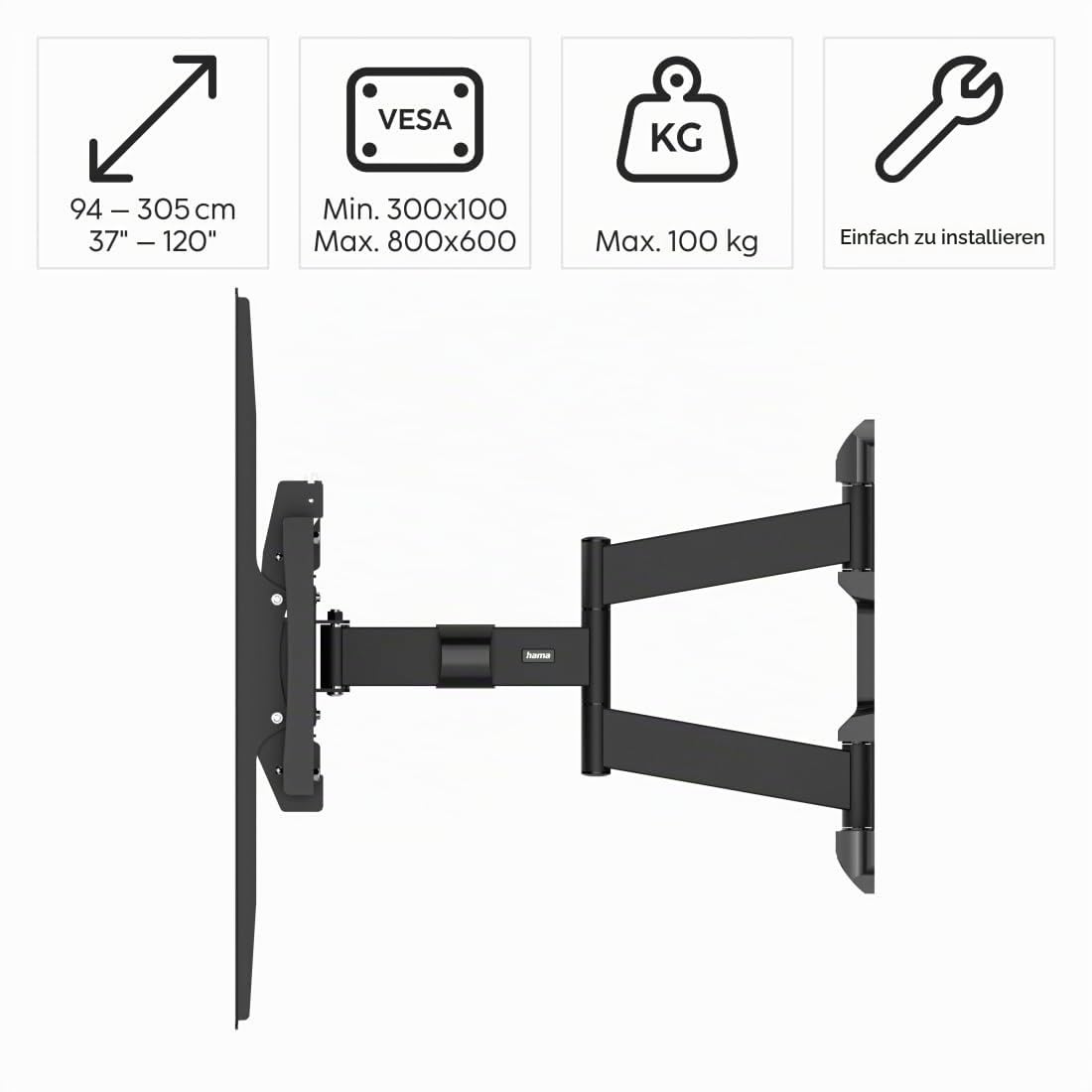 Hama TV Wandhalterung schwenkbar, neigbar, ausziehbar, 120 Zoll, bis 100kg | TV Wandhalter schwarz, VESA 300x100 bis VESA 800x600, Kabelmanager, mit fischer Dübeln