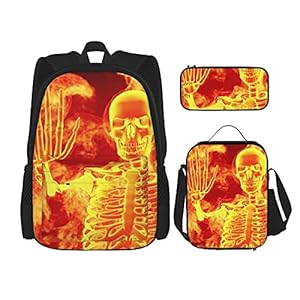 Halloween Fire Skull Skelet Beste Gift Voor Studenten 3 In 1 Set Waterbestendig Rugzakken/Grote Capaciteit Potlood Cases…